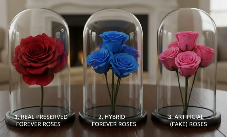 Real preserved forever roses made from natural roses, Hybrid forever roses combining real petals with artificial materials, Artificial roses made from plastic or silk materials.