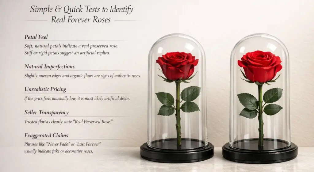 How to check if a forever rose is real or fake using texture, petals, and care clues.