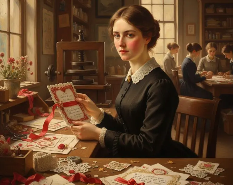 Valentine’s Day origins image explaining how a woman helped commercialize Valentine cards and expand the holiday’s popularity.”