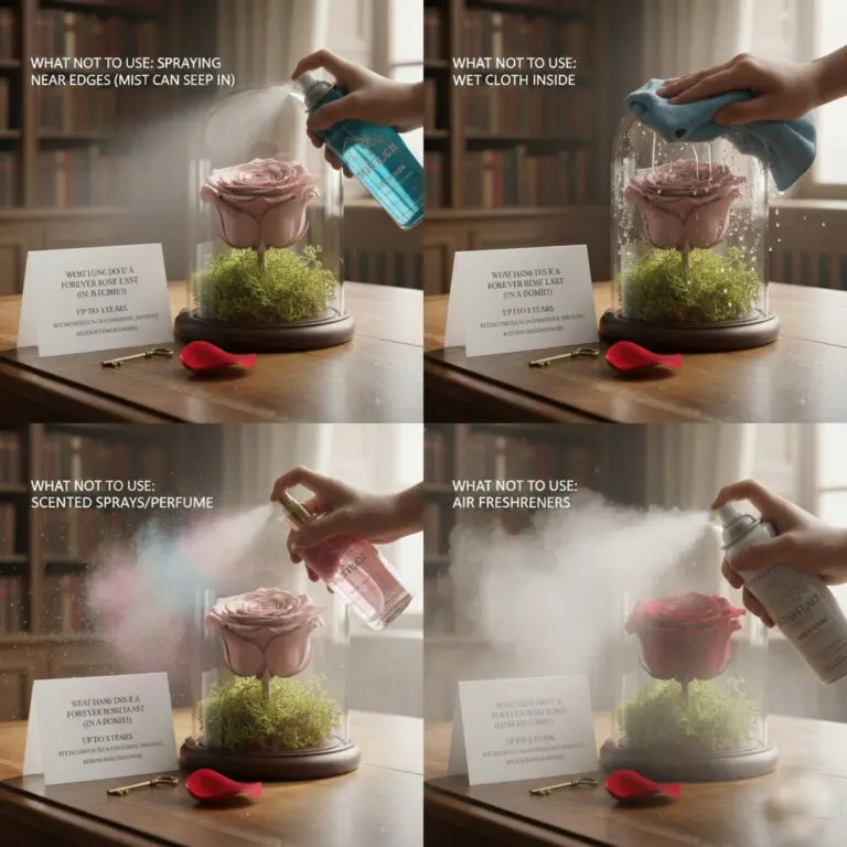 What not to use around a forever rose dome, including harsh cleaners, moisture, and scented sprays.