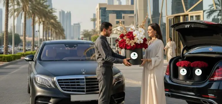 Growing popularity of flower delivery services in Dubai cityscape background