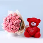 Bombastic Light Pink Roses & Red Teddy Combo 1 bombastic-light-pink-rose-peony-red-teddy-combo