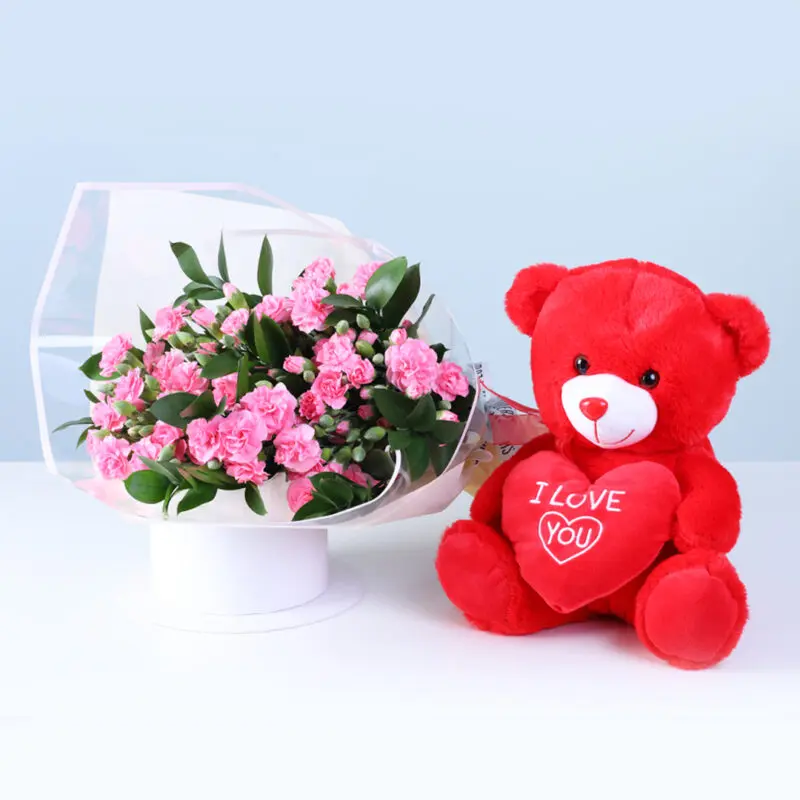 light-pink-carnations-red-teddy-vday-combo Bouquet featuring light pink carnations and ruscus in clear wrapping, paired with a red teddy bear.