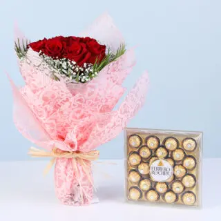 Valentines Day Home 51 Red rose bouquet with white fillers and green foliage wrapped in pink paired with Ferrero Rocher chocolate box.