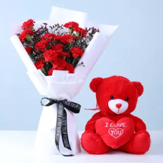 20 red carnations and wax flower stems in white wrapping, paired with a red teddy bear.