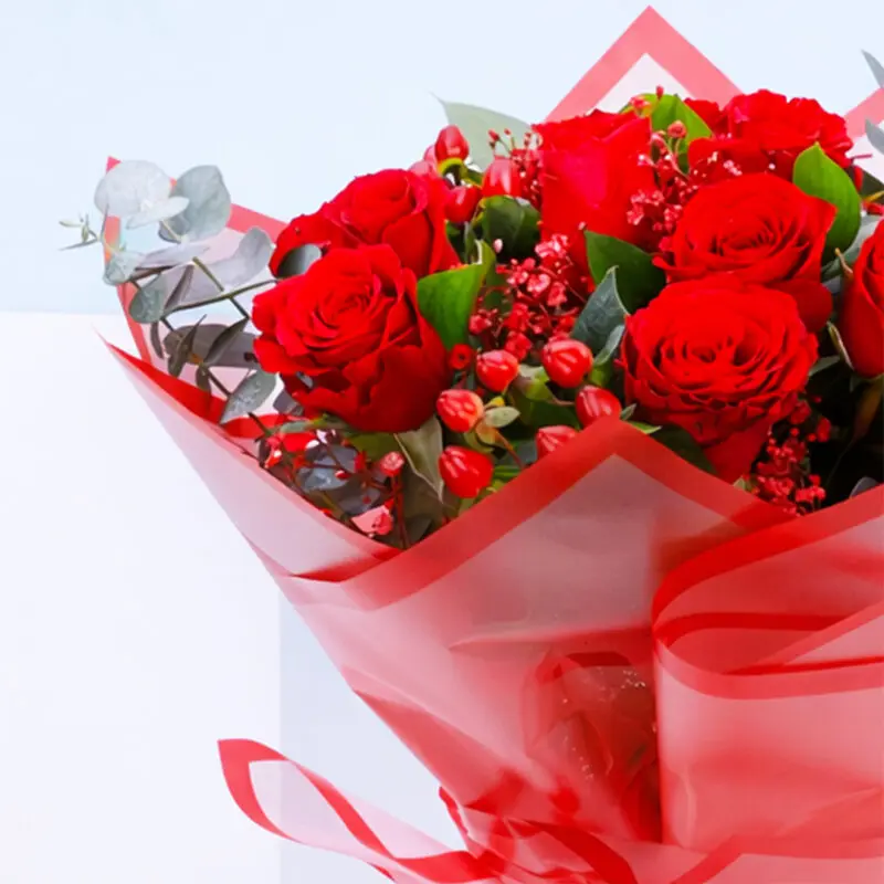 red rose eucalyptus hypericum bouquet 03