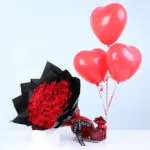Red Roses Bouquet in Black Wrap with 3 Heart Balloons 1 red-roses-black-wrap-3-heart-balloons-01