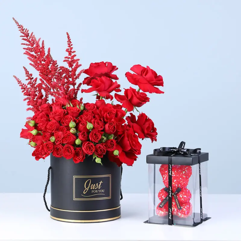 Red Roses box with Teddy Bear Keepsake