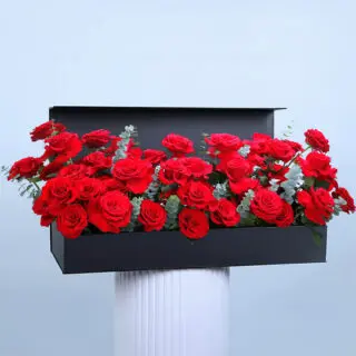 Valentines Day Home 61 Red roses with eucalyptus arrangement in premium black box.