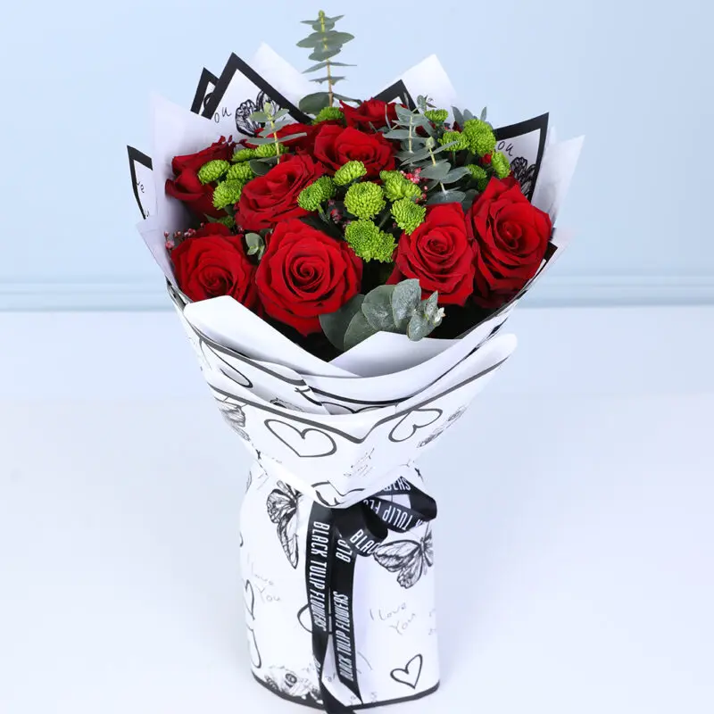 red roses green chrysanthemum eucalyptus bouquet 02