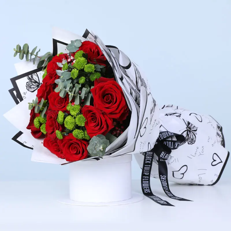 red roses green chrysanthemum eucalyptus bouquet 03