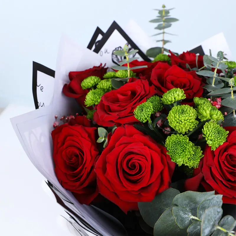 red roses green chrysanthemum eucalyptus bouquet 05