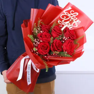 Valentines Day Home 18 Valentine mini bouquet with fresh red roses and fillers, hand-tied in an elegant wrapping for romantic gifting.