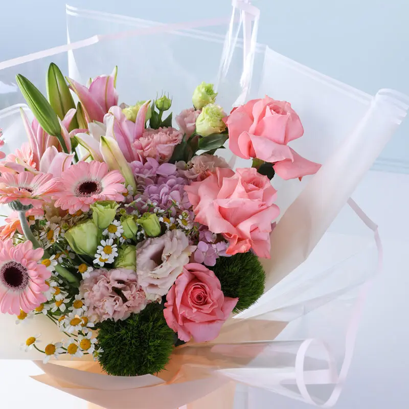 pink-gerbera-roses-lily-mixed-bouquet-24pcs-ferrero_5 pink gerbera roses lily mixed bouquet 24pcs ferrero 5