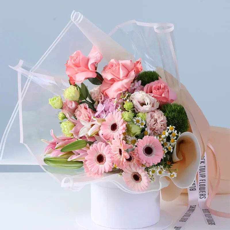 pink-gerbera-roses-lily-mixed-bouquet-lindor_02 pink gerbera roses lily mixed bouquet lindor 02