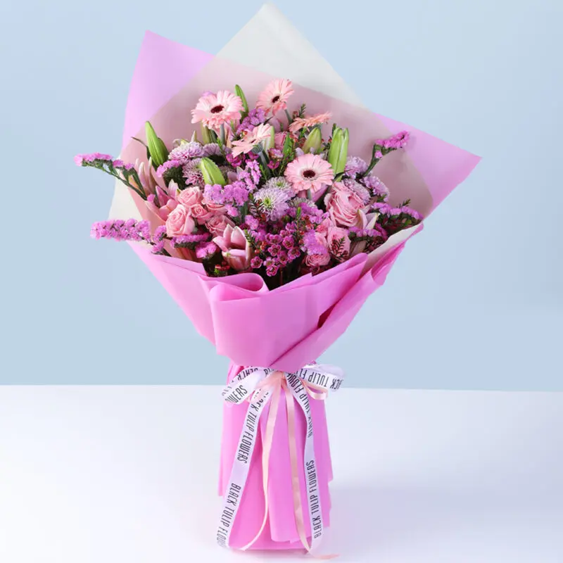pink-gerbera-roses-lily-mixed-bouquet_02 pink gerbera roses lily mixed bouquet 02