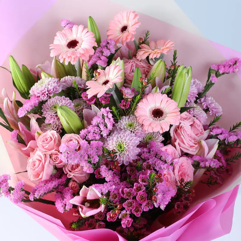 pink-gerbera-roses-lily-mixed-bouquet_05 pink gerbera roses lily mixed bouquet 05