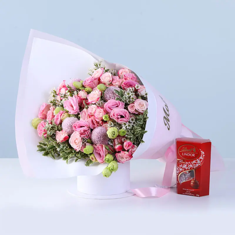 pink lisianthus baby rose bouquet lindt