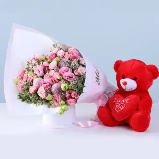 Pink Lisianthus & Baby Rose Bouquet with Teddy