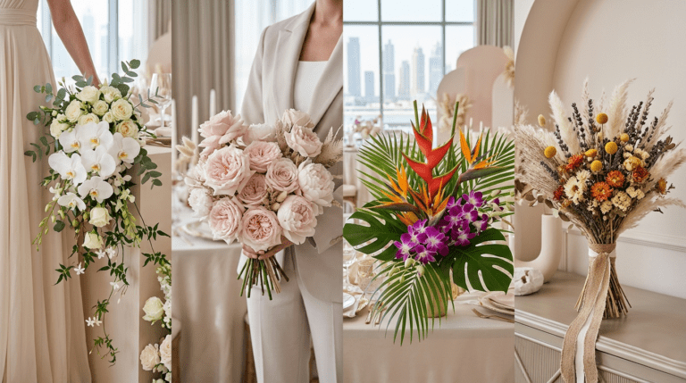 2026 bouquet trends featuring sculptural designs, orchids, textured blooms, and modern asymmetrical floral styles
