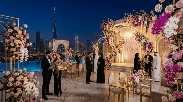 Modern floral trends in Dubai 2026 featuring artistic installations and luxury wedding decorations