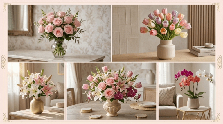 Popular flowers for UAE Mother’s Day including roses, lilies, and tulips