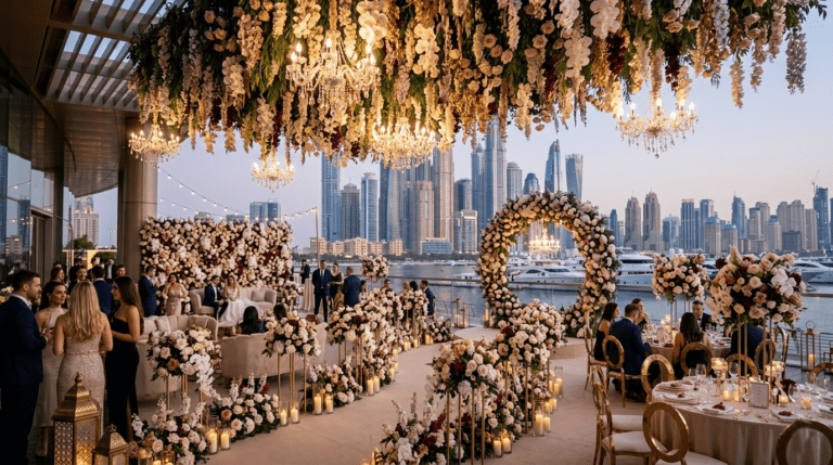 Luxury wedding floral decor in UAE featuring grand arches, pastel flowers, and elegant stage arrangements
