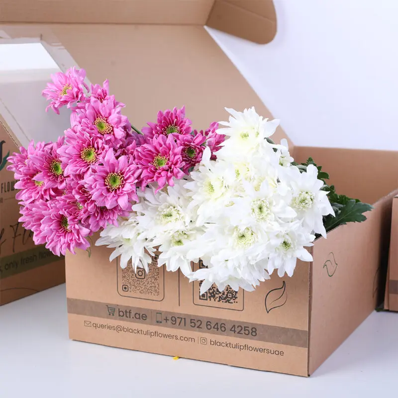 Bunch featuring light pink and Euro white chrysanthemums in a brown box.