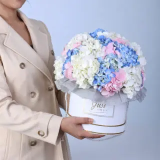 A pastel Hydrangea arrangement featuring white, blue, and pink blooms, neatly arranged in a sleek white gift box for gifting or décor.