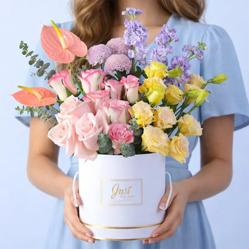 Pink Roses & Purple Matthiola Flower box | Premium Mixed Flowers