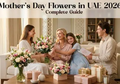 Premium floral setup for Mother’s Day UAE 2026 with mixed flowers in vases and gift boxes