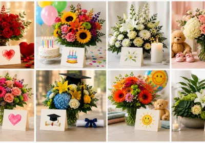 Elegant comparison of popular flower arrangement types for gifting, including bouquets, flower boxes, baskets, vase arrangements, and floral stands displayed beautifully for different occasions like birthdays, anniversaries, romance, and celebrations