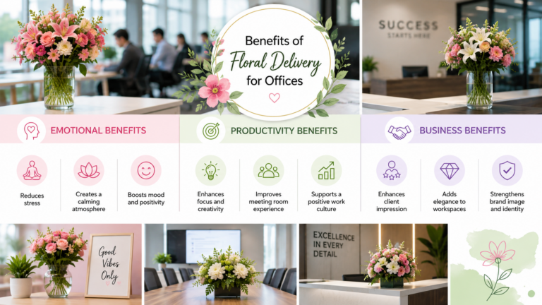 Fresh floral delivery in an office environment improving workplace mood, productivity, and aesthetics