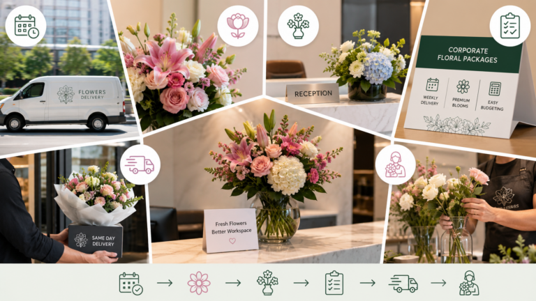 Business professional reviewing floral delivery options to select the best subscription for office ambiance