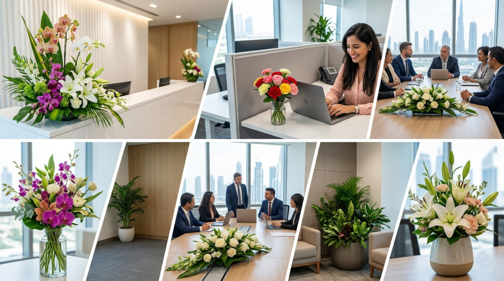 Fresh flower subscription arrangement displayed in a modern office reception area, enhancing workplace ambiance and aesthetics