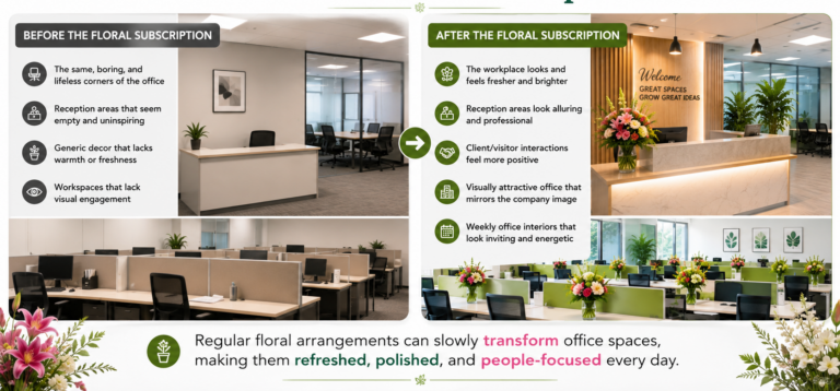 Fresh floral subscription bouquet placed on an office desk transforming the workspace with natural beauty and color