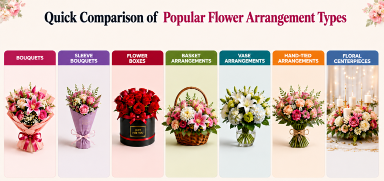 Comparison of popular flower arrangement types including bouquets, flower boxes, baskets, vase arrangements, and hand-tied flowers for different gifting occasions.