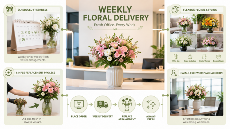 Weekly floral delivery arriving at an office, showing fresh flowers being received for workplace decoration