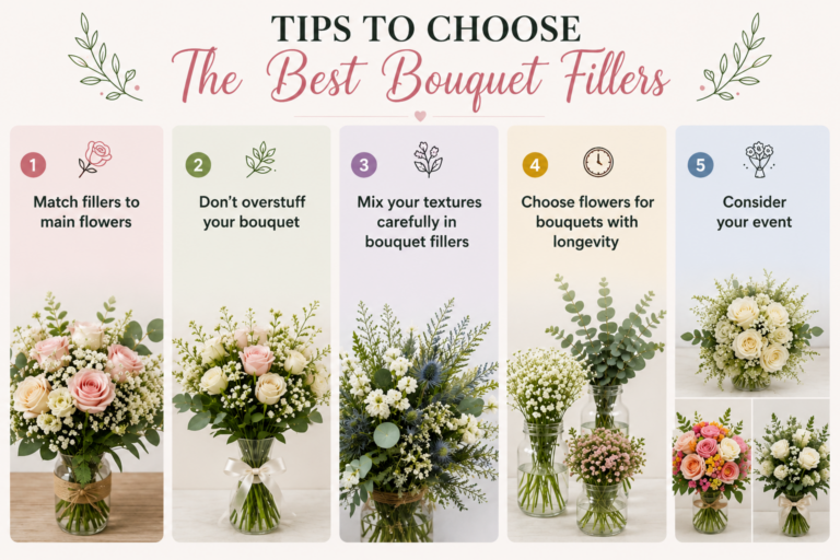 Infographic with five bouquet filler tips, each illustrated by a floral arrangement: match fillers, avoid overstuffing, mix textures, choose long-lasting flowers, and consider the event.