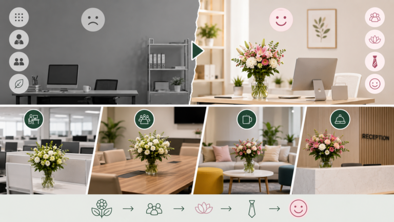 Modern office workspace decorated with fresh flowers reflecting the growing trend of floral arrangements in workplaces
