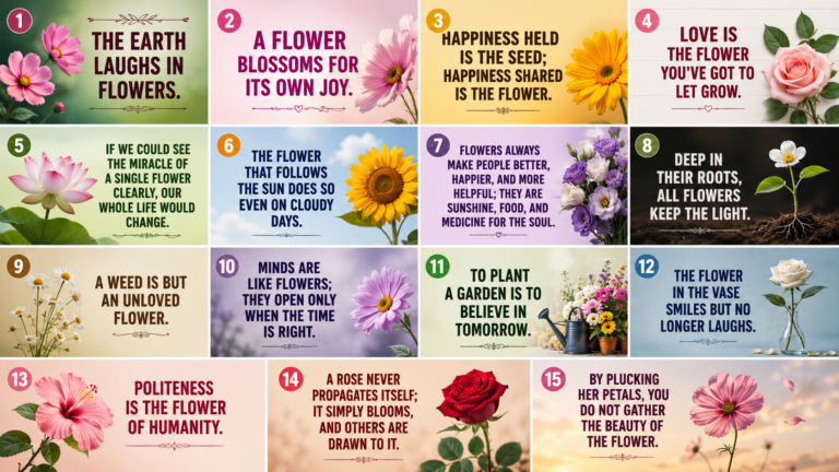 Explore 15 inspirational flower quotes to brighten your day, offering uplifting messages of hope, growth, positivity, and beauty inspired by the elegance of nature."