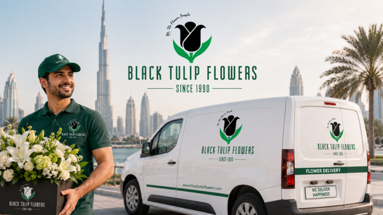 Black Tulip Flowers flower delivery service in Dubai with a branded delivery van and delivery executive holding a fresh white flower arrangement, symbolizing premium floral collections and express delivery for special occasions.