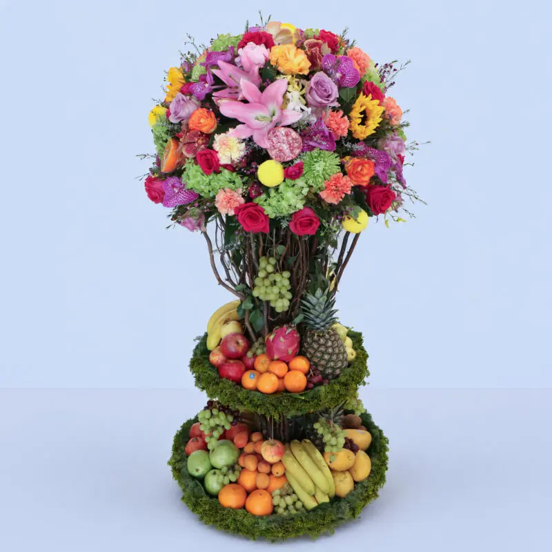 grand-bloom-and-fruit-tower Fresh floral and fruit tower display designed for warm wishes.