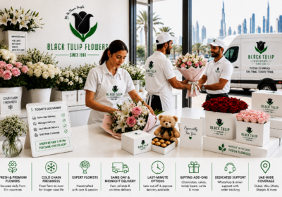 Black Tulip Flowers florist preparing fresh bouquets with branded gift boxes, delivery van, and same-day flower delivery services in Dubai.