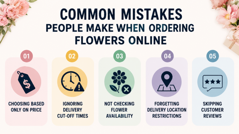 Common mistakes when ordering flowers online, including choosing based only on price, ignoring delivery cut-off times, not checking flower availability, overlooking delivery restrictions, and skipping customer reviews.