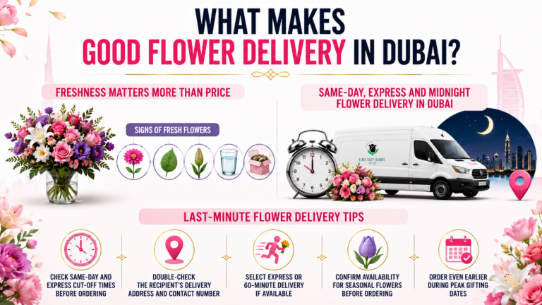What makes good flower delivery in Dubai, focusing on flower freshness, same-day and midnight delivery services, and practical tips for fast and reliable flower ordering.