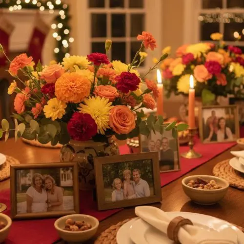Family get-together warm floral theme with cozy flowers and inviting décor.