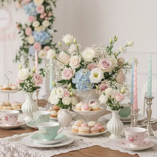 Pastel vintage tea party theme featuring delicate flowers and charming décor.