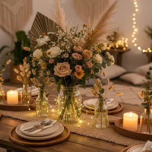 Rustic boho chic floral theme with natural textures and earthy colors.