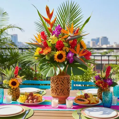Tropical bright floral theme with bold colors for festive gatherings.